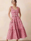 Floral Print Ruffled Midi Dress with Pockets