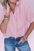 Striped Print Collar V Neck Short Sleeve Blouse