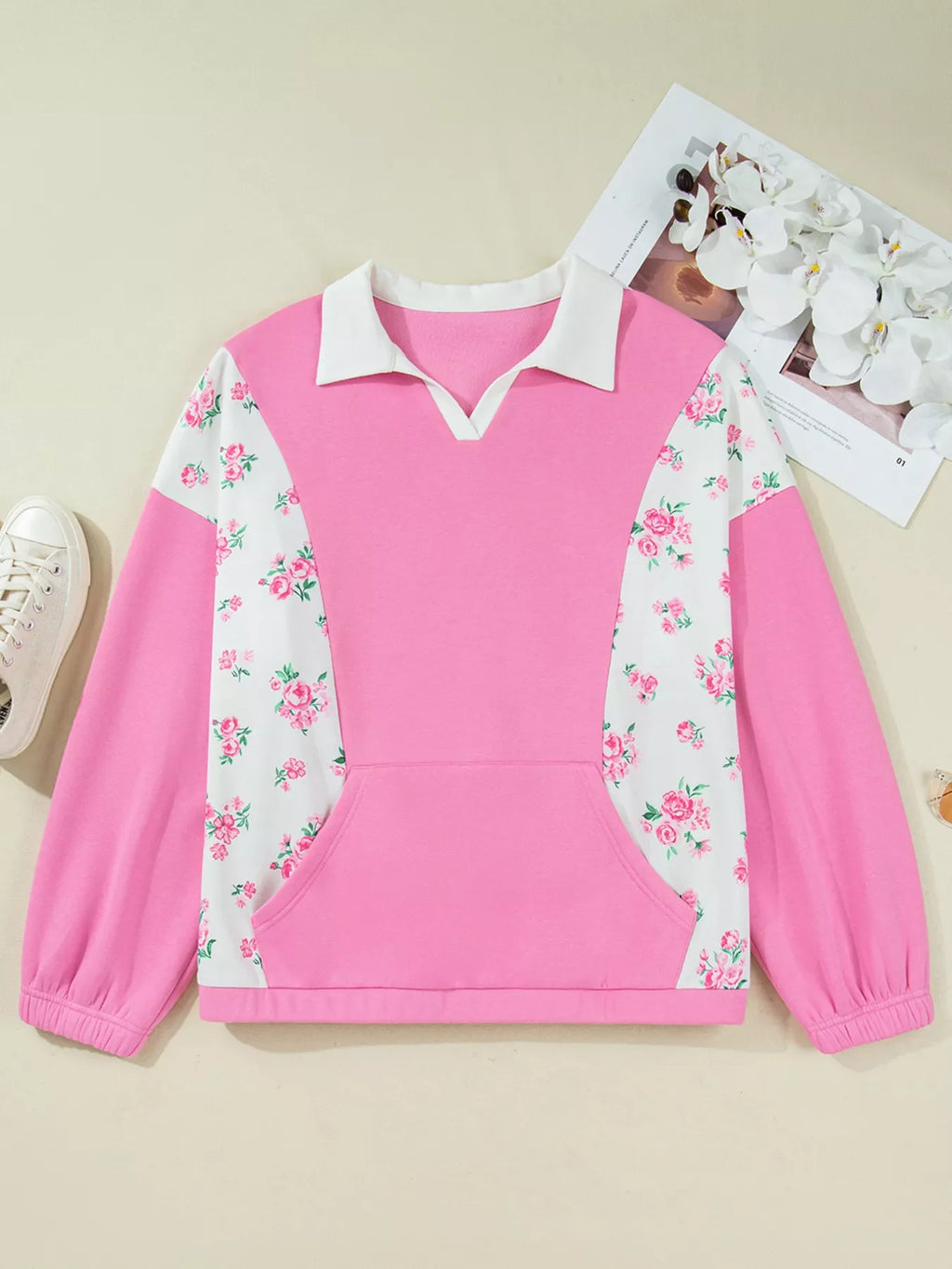 Plus Size Contrast Polo Collar Floral Patchwork Elastic Cuffs Long Sleeve Top