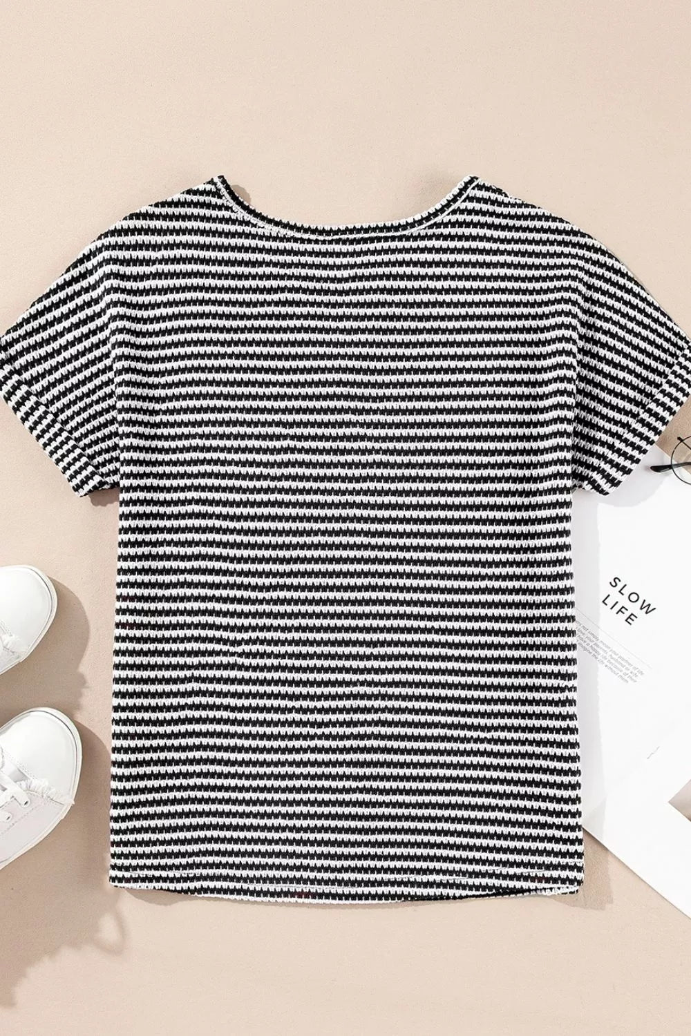 Stripe Textured Knit Notched Neck Cuffed Short Sleeve Top