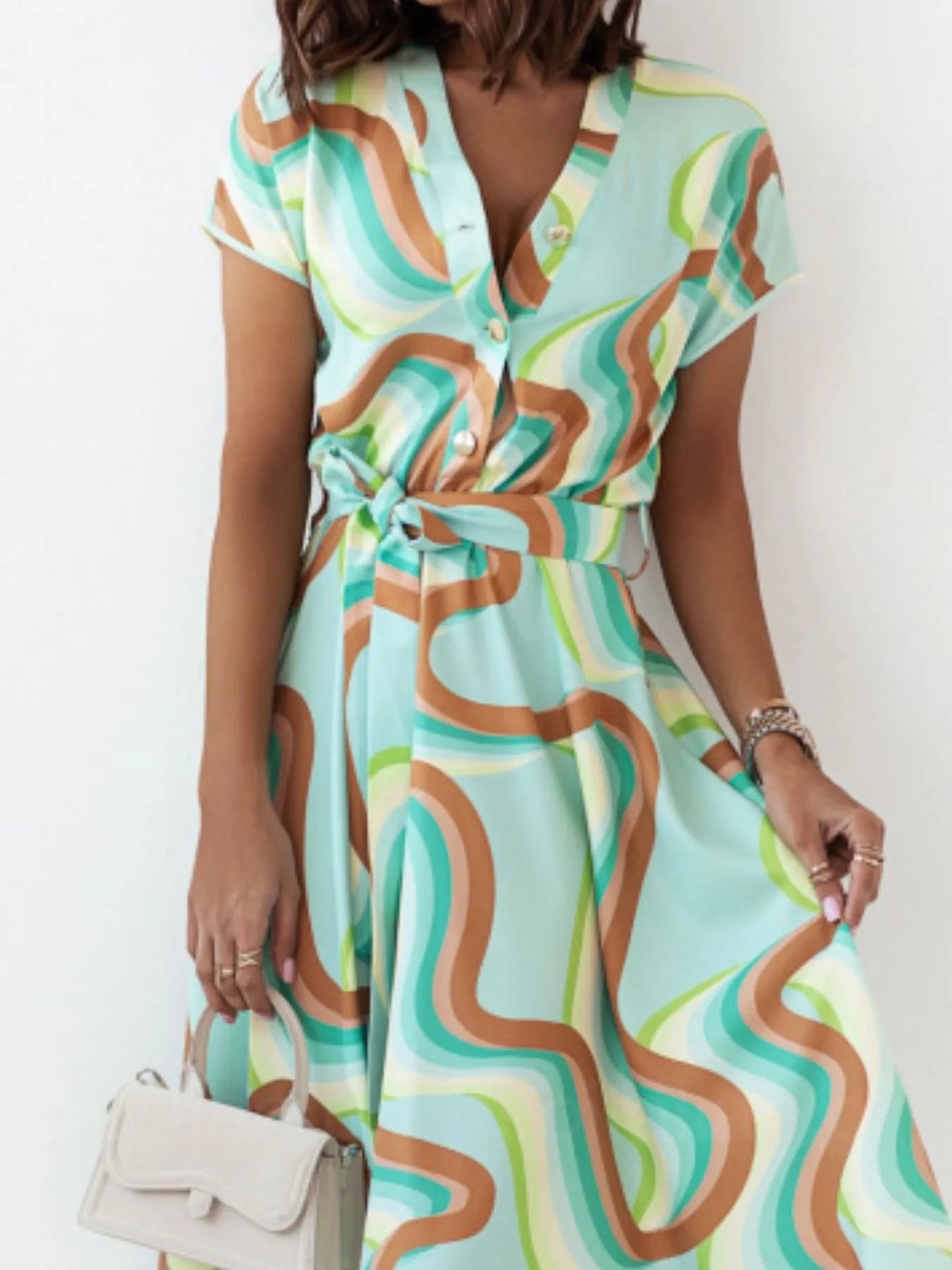 Printed Button Front Midi Dress with Belt