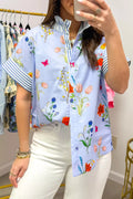 Floral Striped Patchwork Ruffled Collar Short Sleeve Shirt