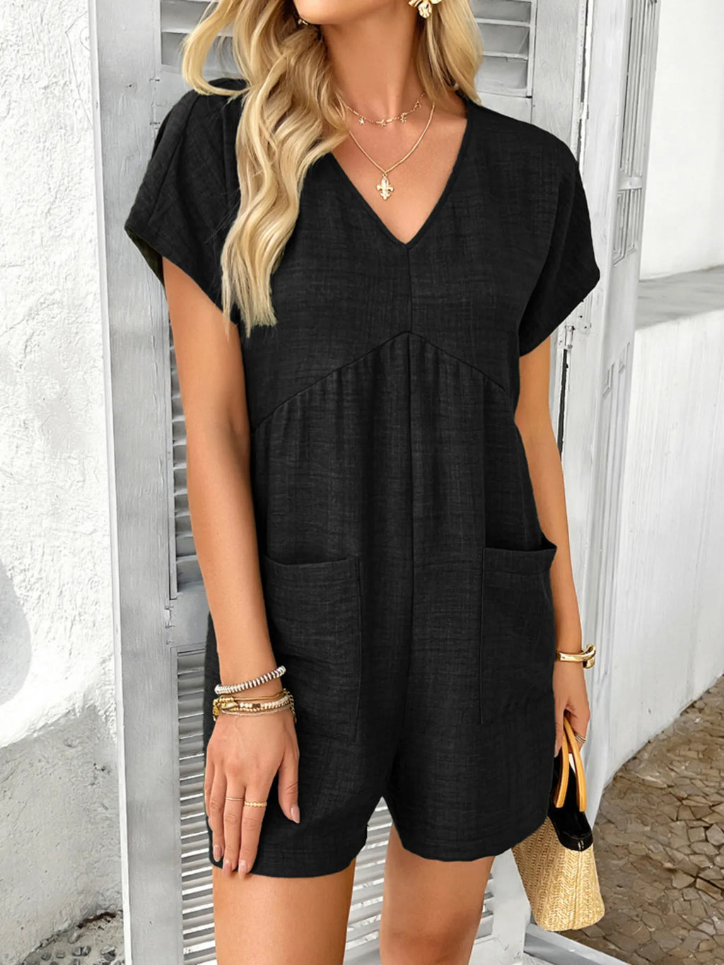 V-Neck Casual Short Sleeve Romper with Pockets