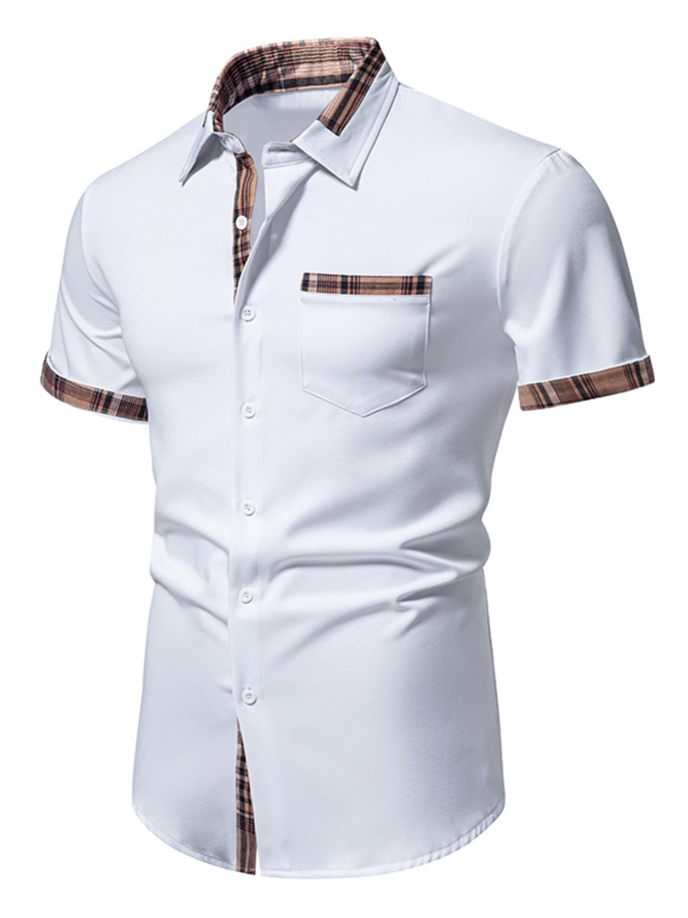 Men's Short Sleeve Plaid Trim Shirt