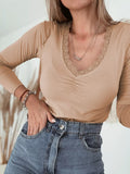 Lace-Trimmed Ruched Detail Long Sleeve T-Shirt