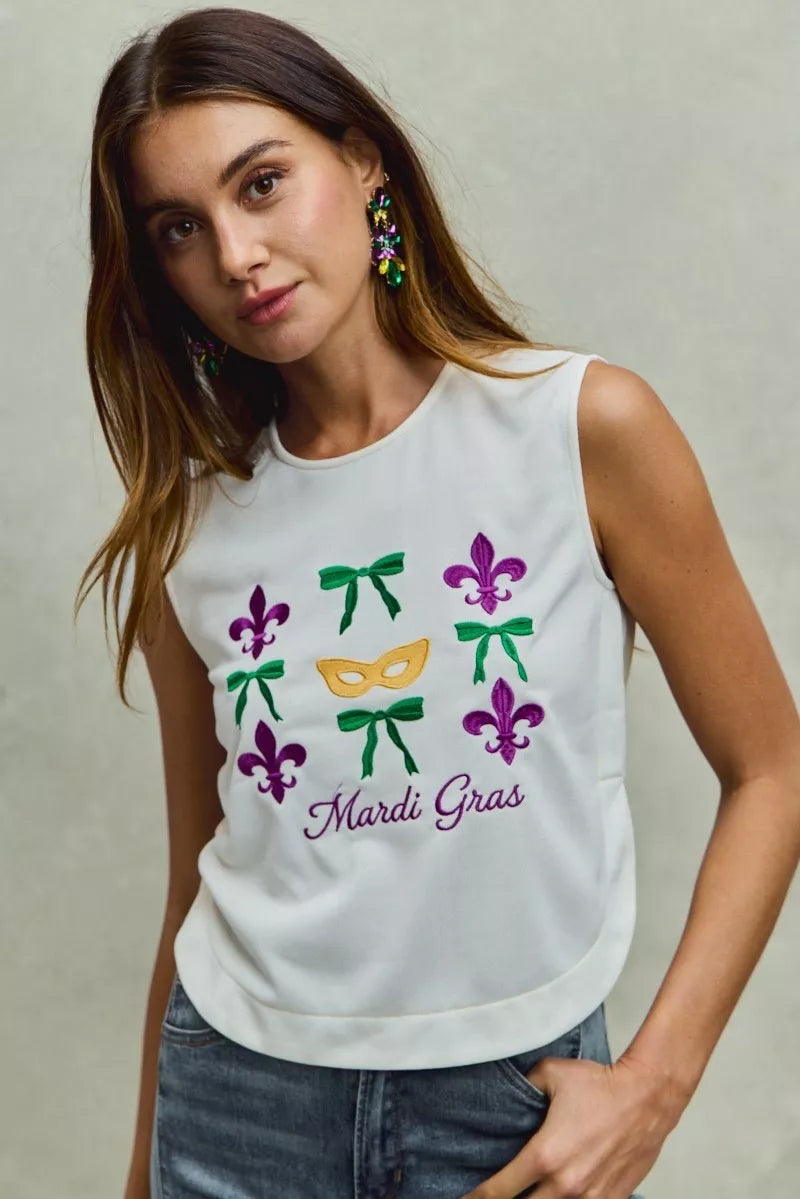 SO ME Mardi Gras Fleur De Lis And Ribbon Embroidered Top