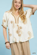 Umgee Paisley Embroidered Short Puff Sleeve Top