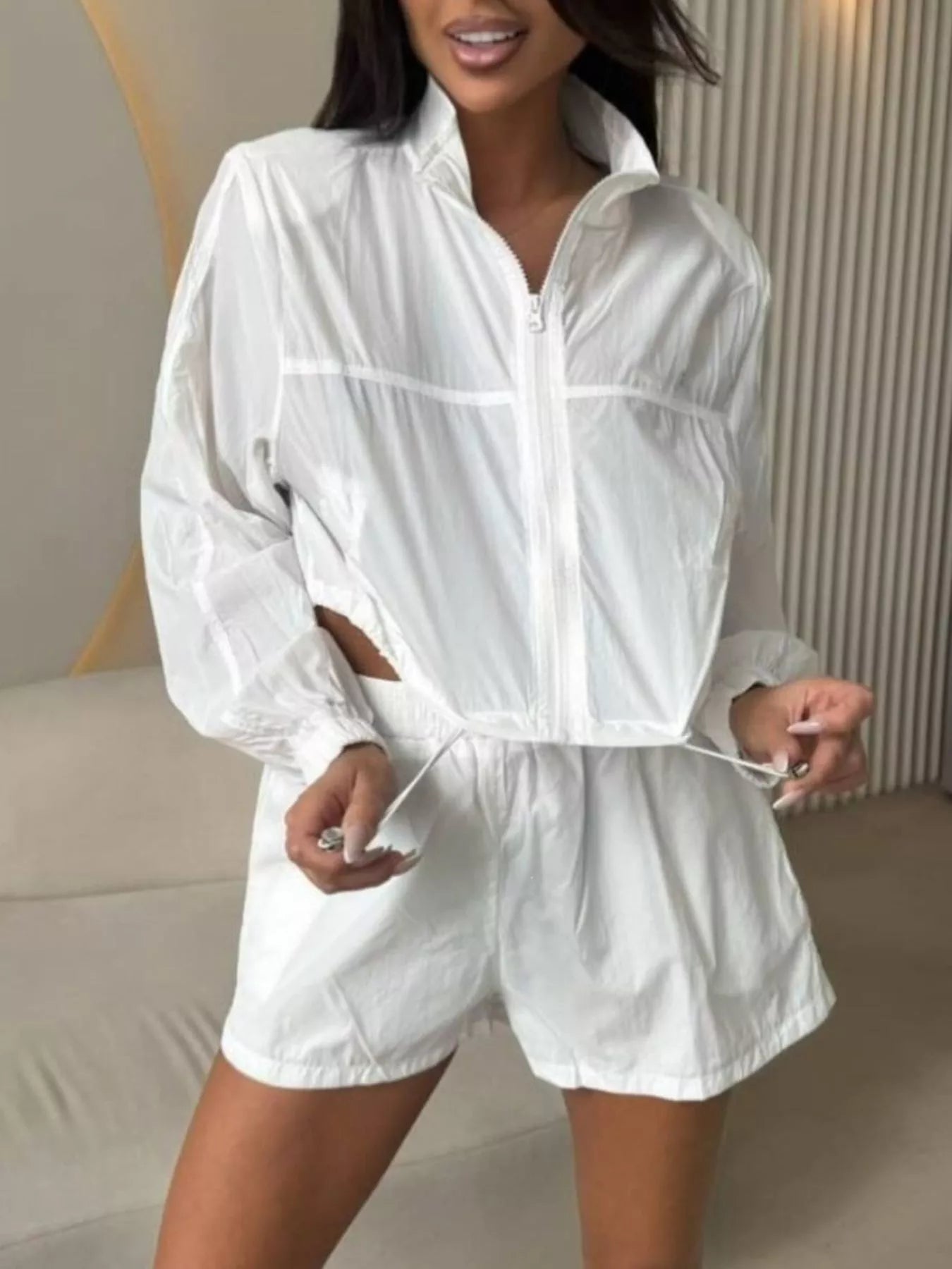 Zip Up Long Sleeve Outerwear and Shorts Set