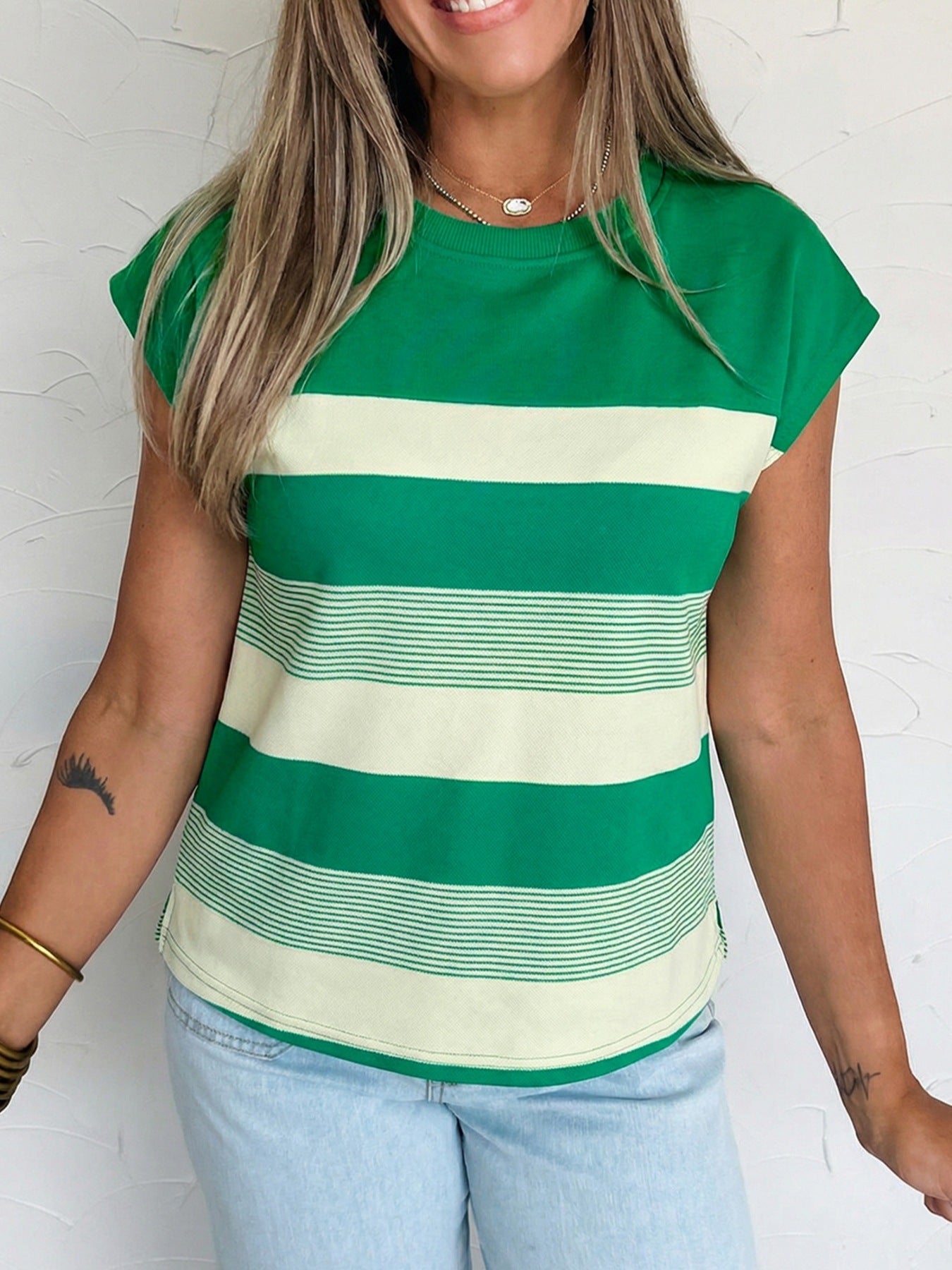 Stripe Mixed Print Crew Neck Cap Sleeve T Shirt