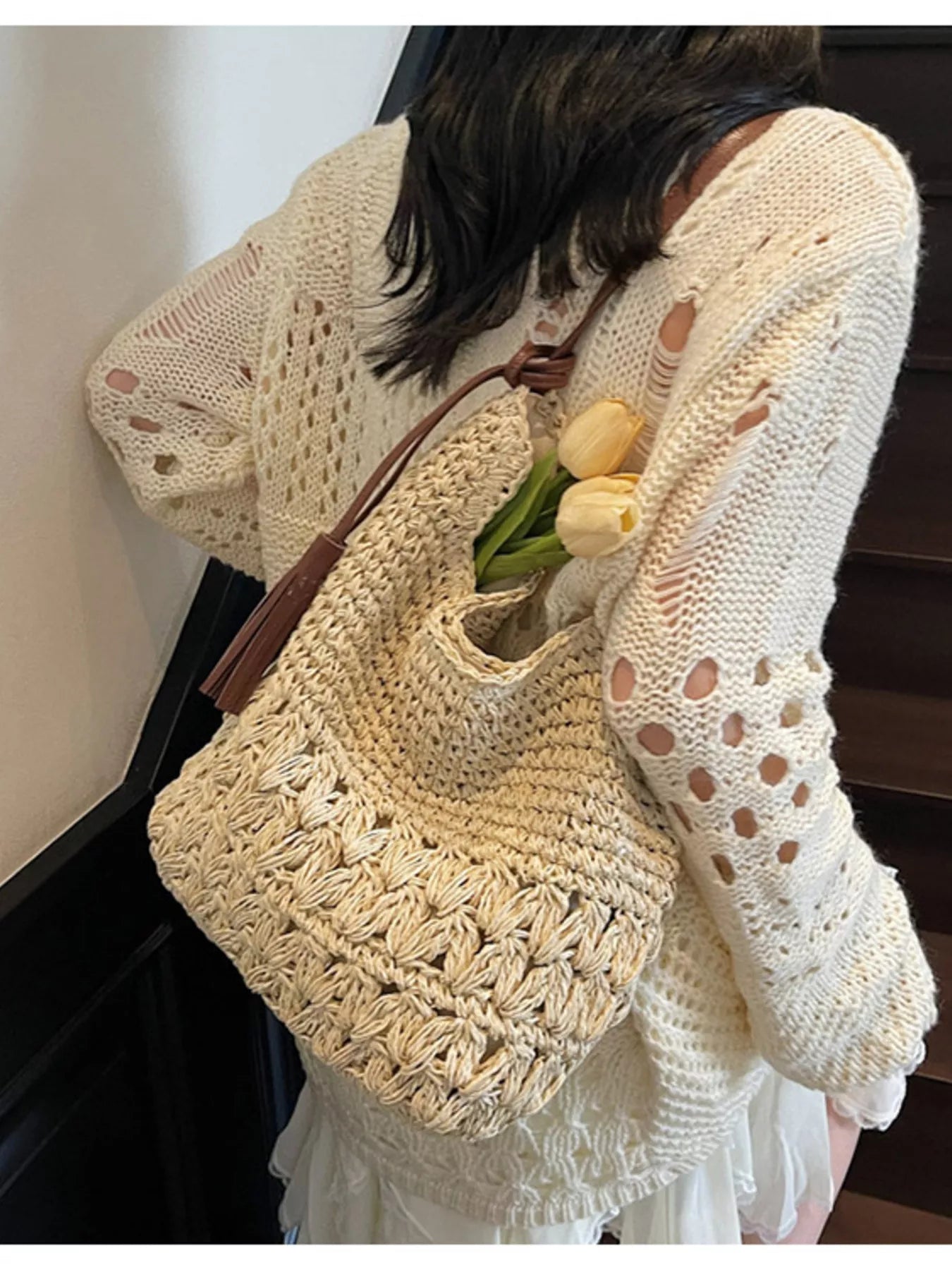 Woven Straw Shoulder Bag with Tassels