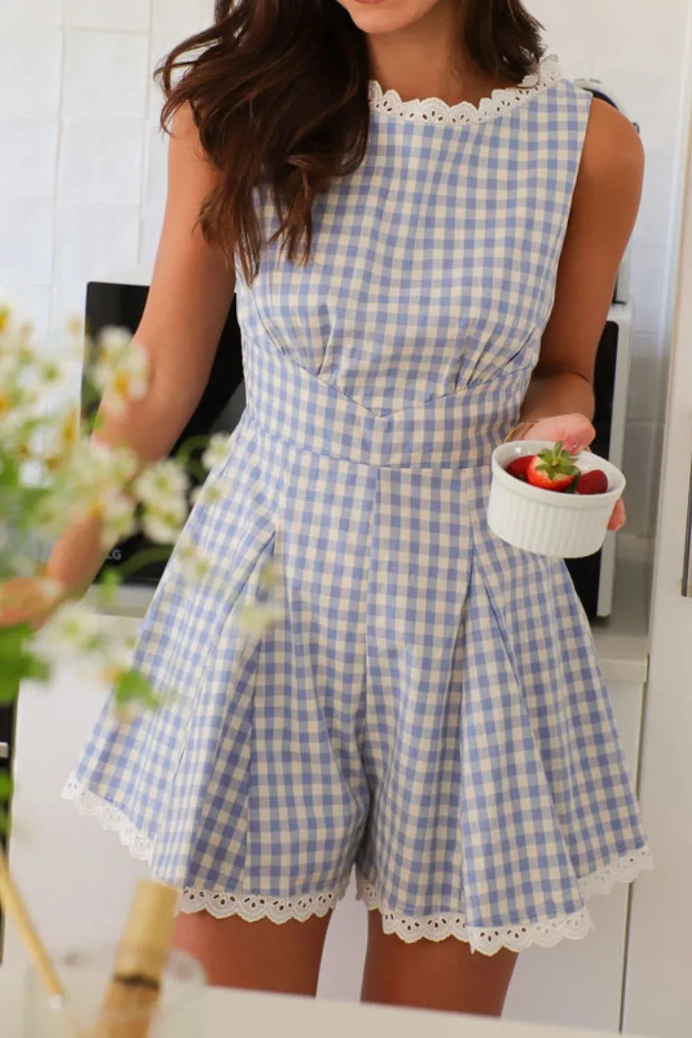 Lace Detail Plaid Sleeveless Romper
