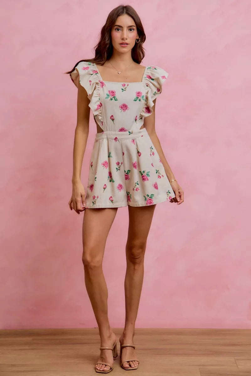 SO ME Floral Print Denim Cut Out Waist Ruffled Romper