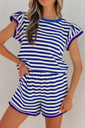 Striped Ruffle Sleeve Top and Shorts Set
