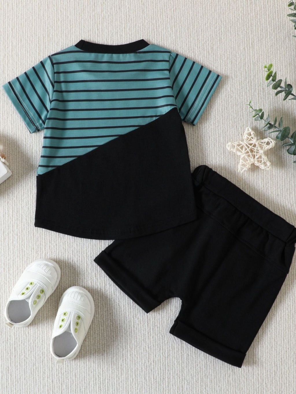 Children's Striped Color Block Casual Top and Shorts Set