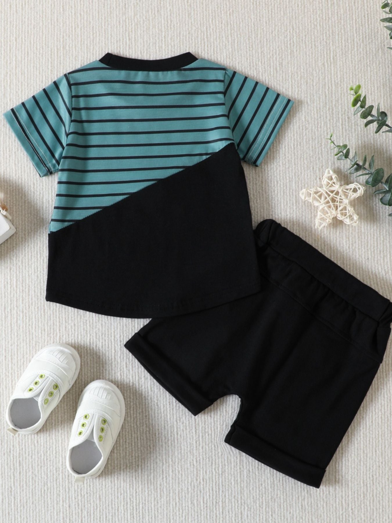 Children's Striped Color Block Casual Top and Shorts Set