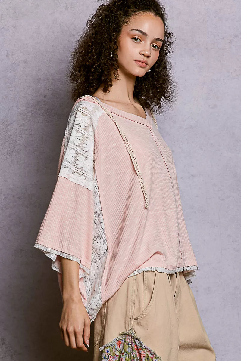 POL Short Sleeve Hoodie Top with Lace Detail