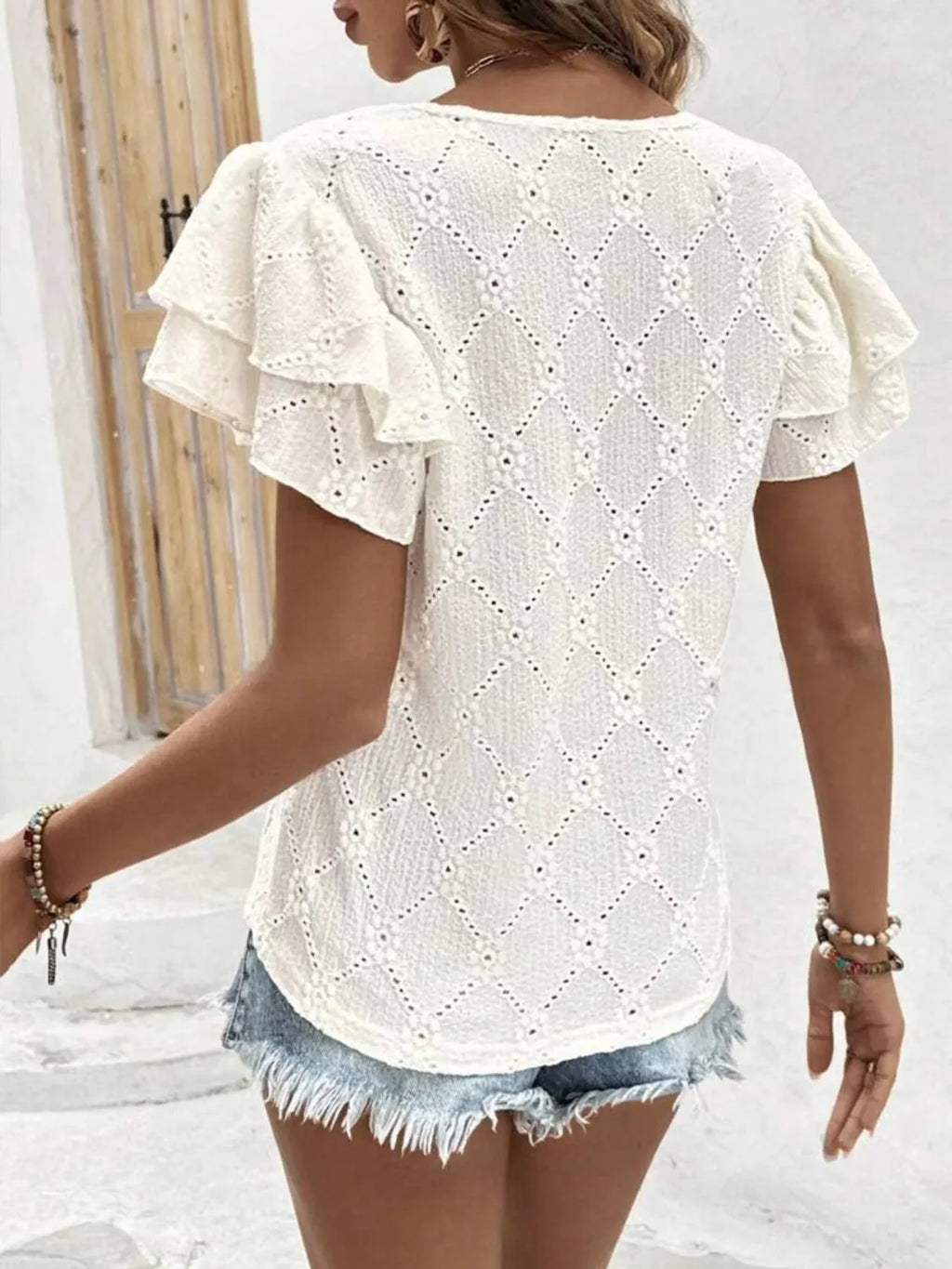 Eyelet V-Neck Short Sleeve Blouse