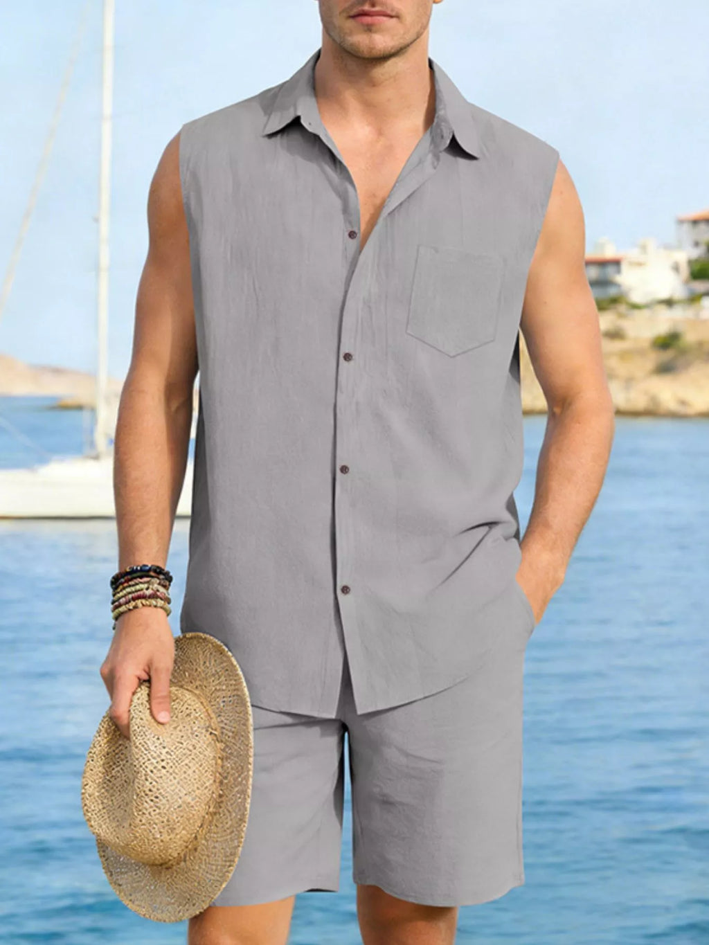 Men's Full Size Button Up Sleeveless Top and Shorts Plus Size