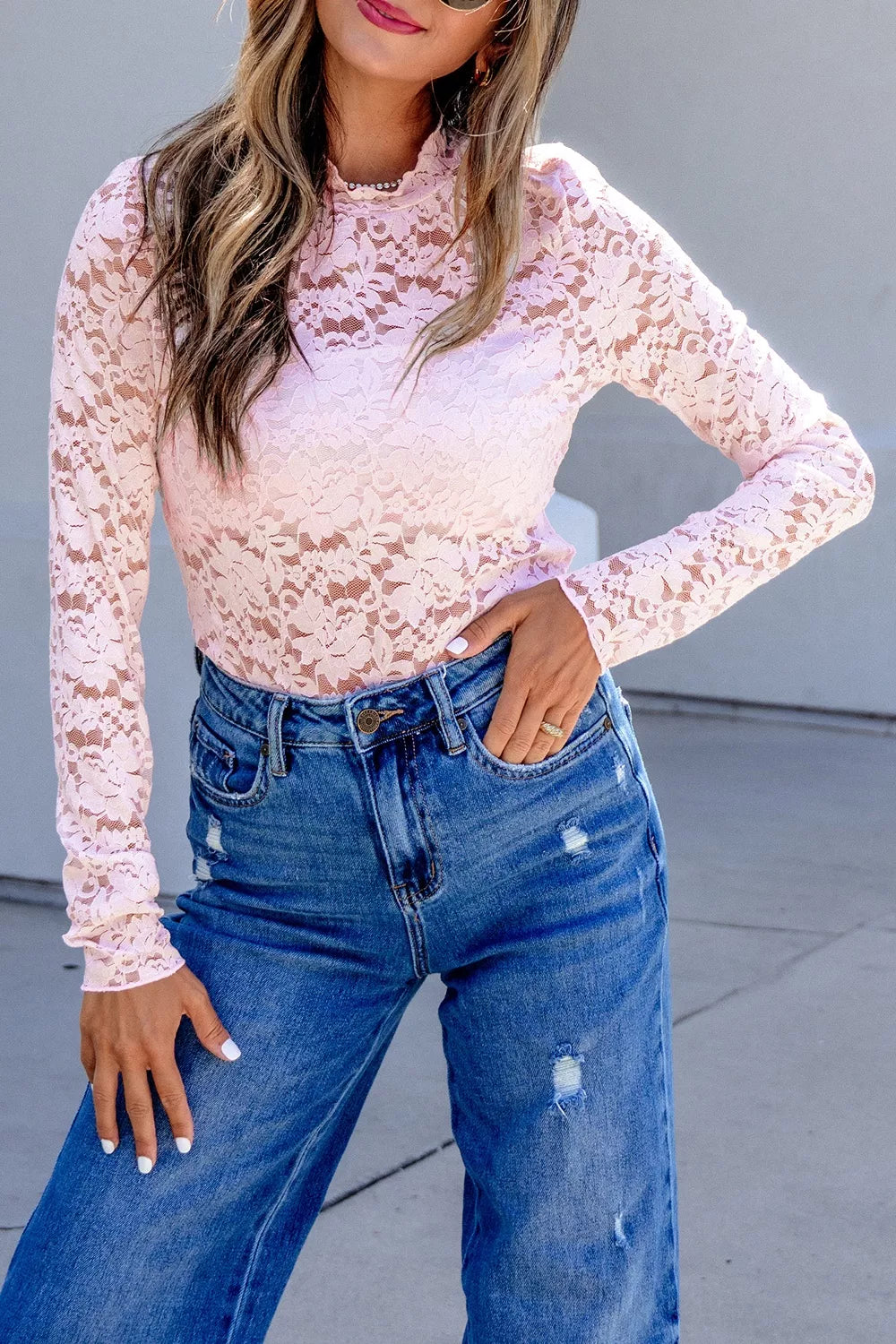 Floral Lace Long Sleeve Stand Neck Pullover Top