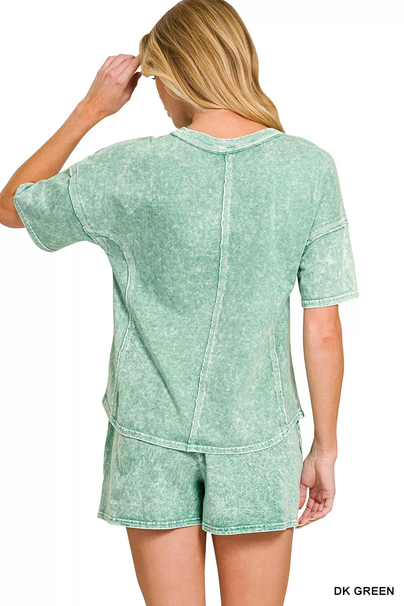 Zenana Halo Snow Washed Short Sleeve Tee and Shorts Set
