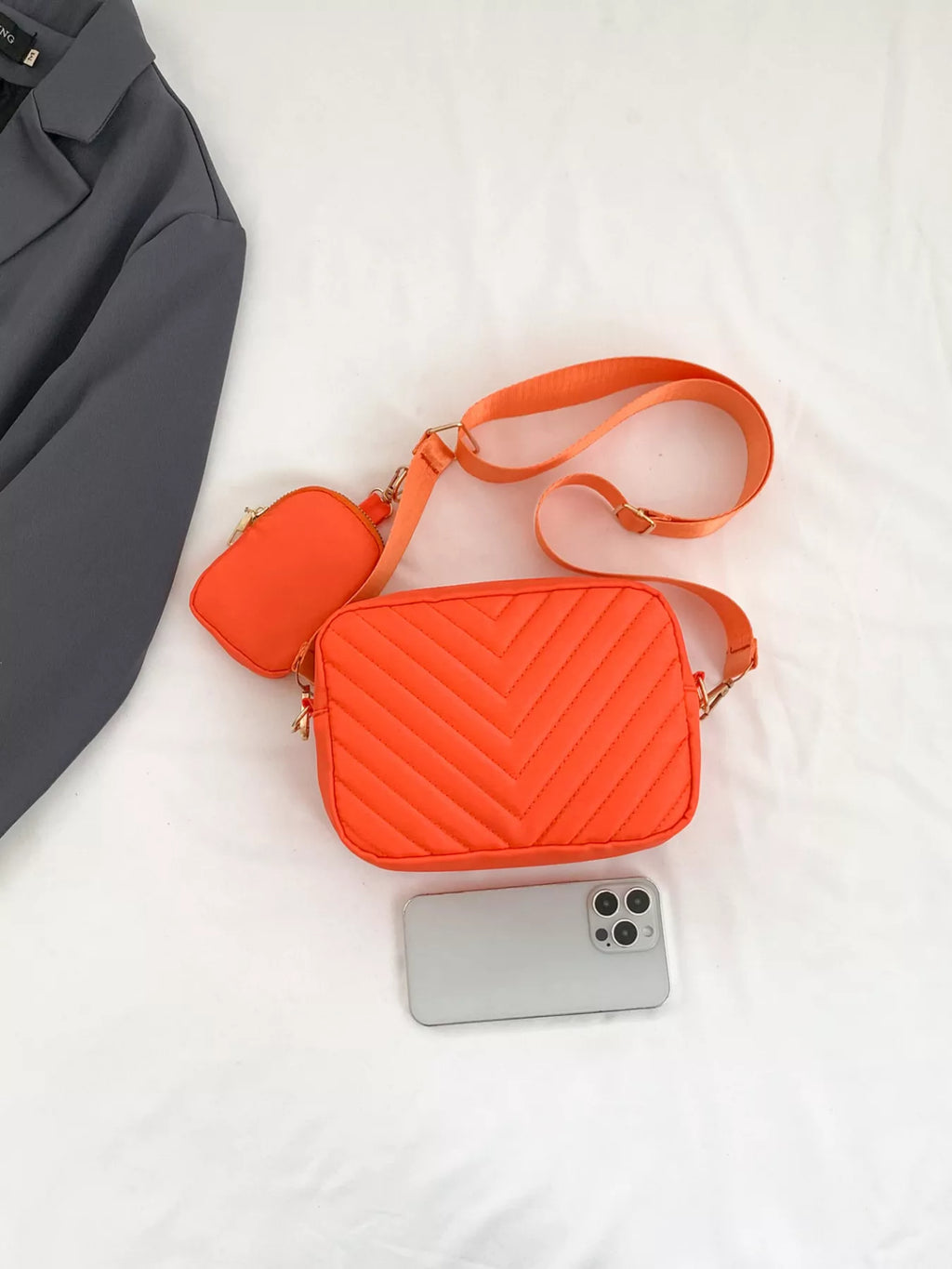 Chevron Quilted Crossbody Bag with Mini Pouch