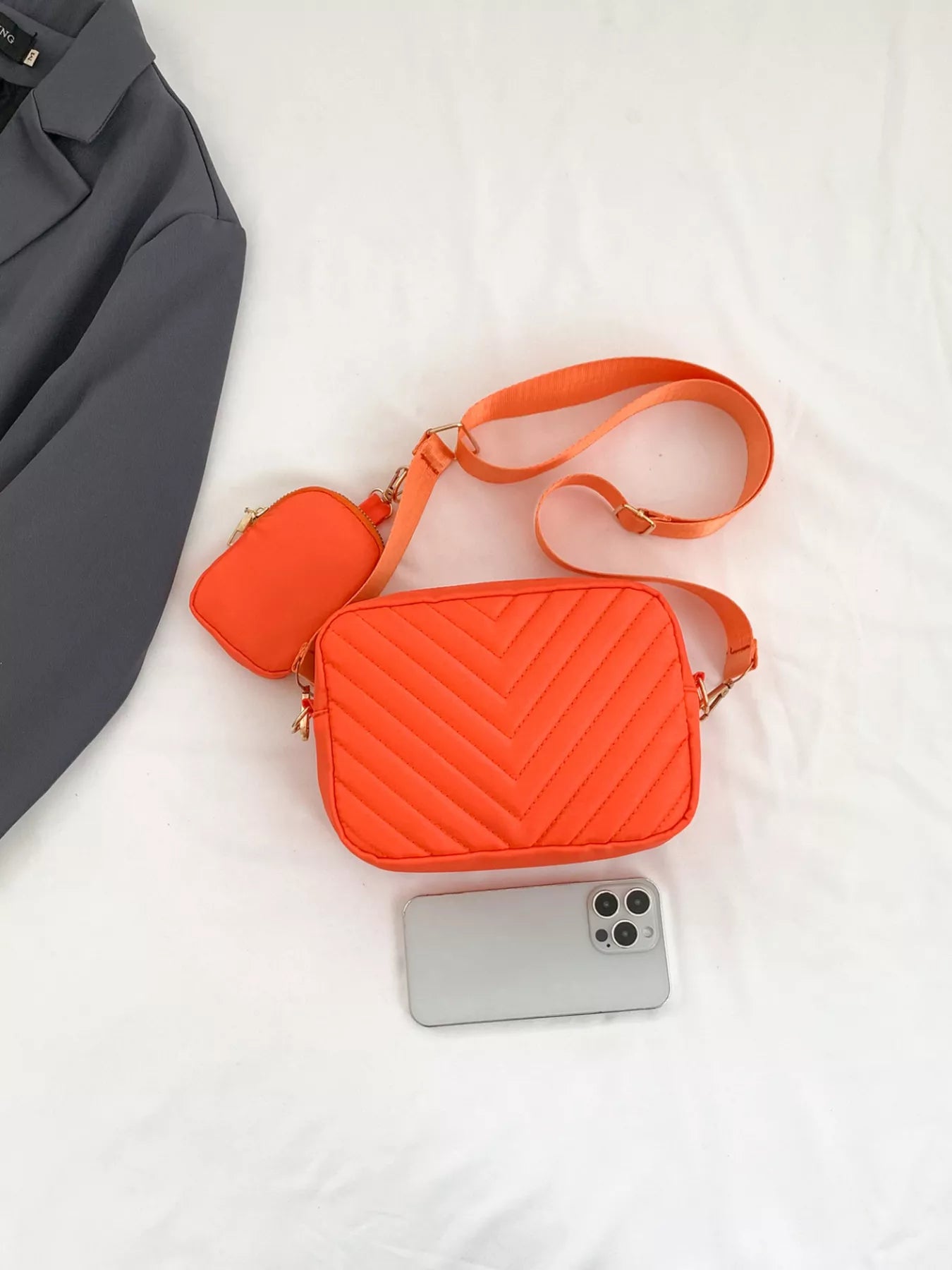 Chevron Quilted Crossbody Bag with Mini Pouch