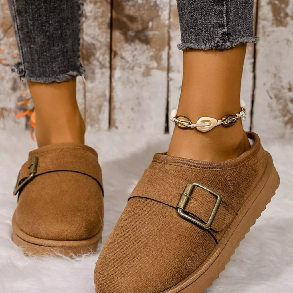 Buckle Decor Plush Lined Warm Slippers