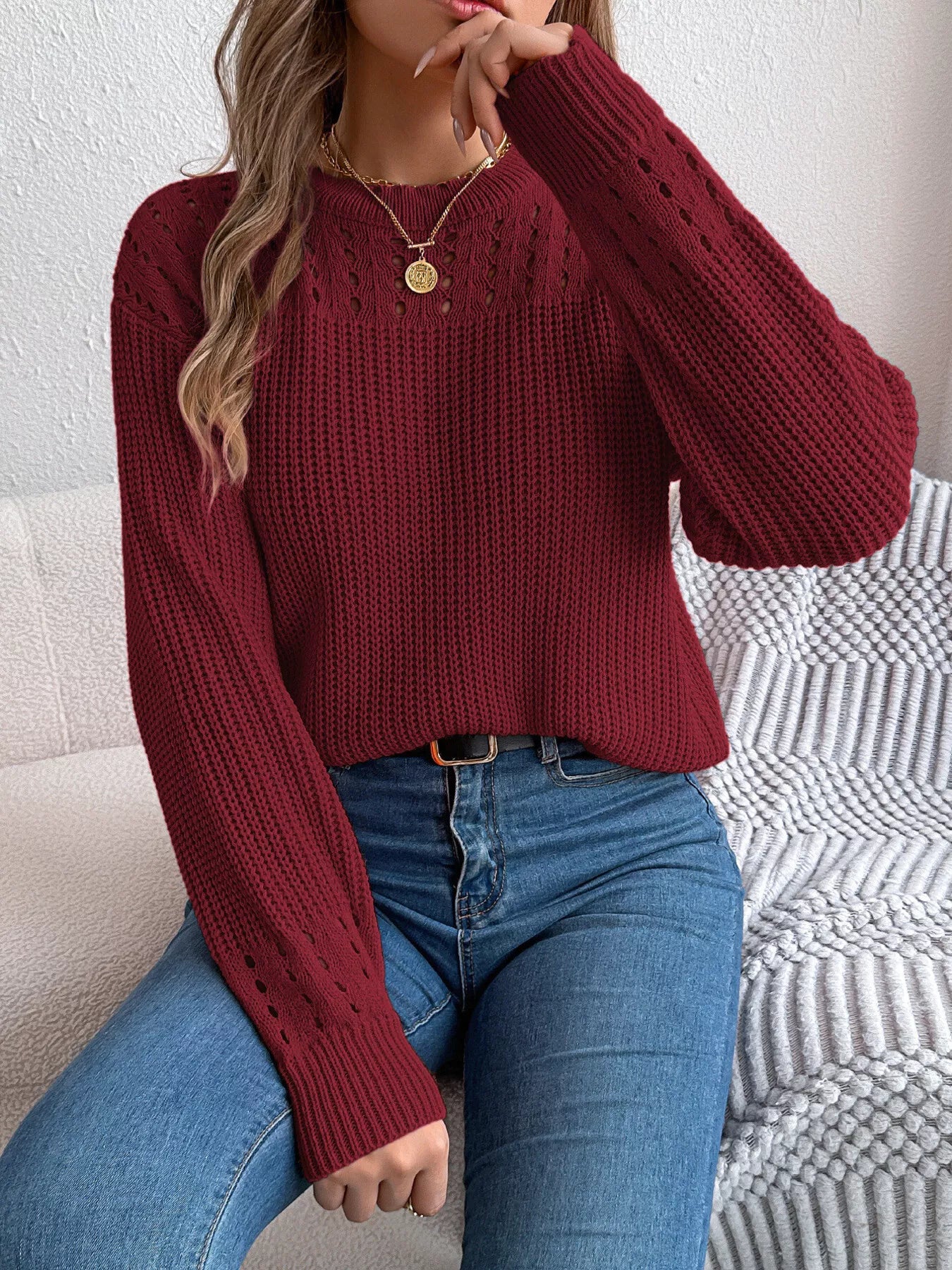 Openwork Round Neck Long Sleeve Sweater