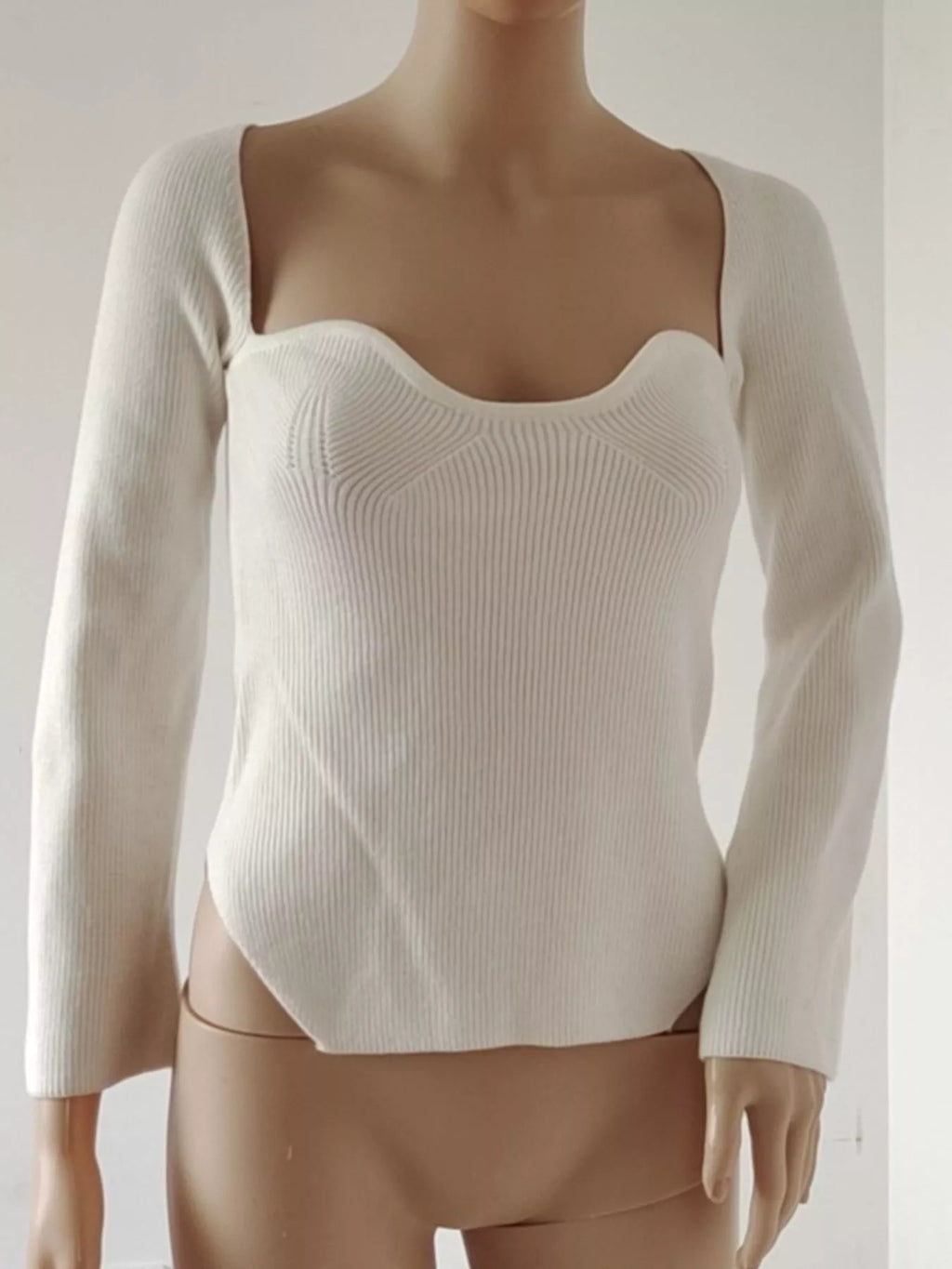 Ribbed Knit Sweetheart Neckline Sweater