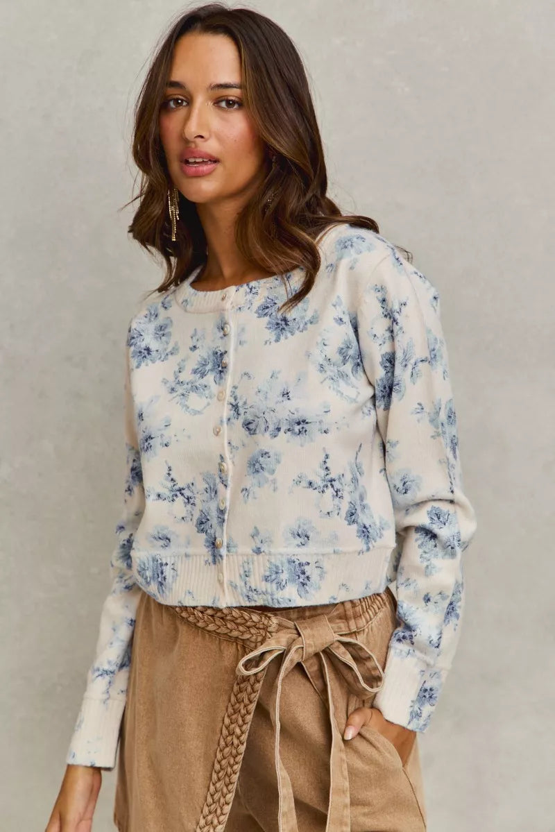 SO ME Vintage Floral Print Button Down Sweater Cardigan