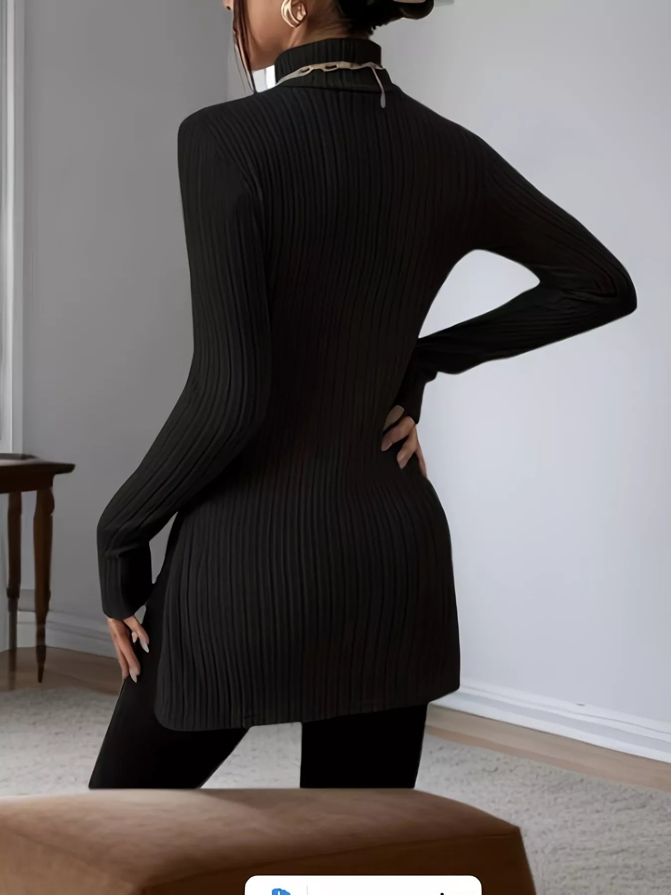 Plus Size Slit Ribbed Turtleneck Long Sleeve T-Shirt