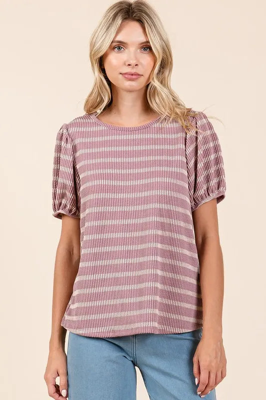 Mittoshop Contrast Striped Short Puff Sleeve Knit Top