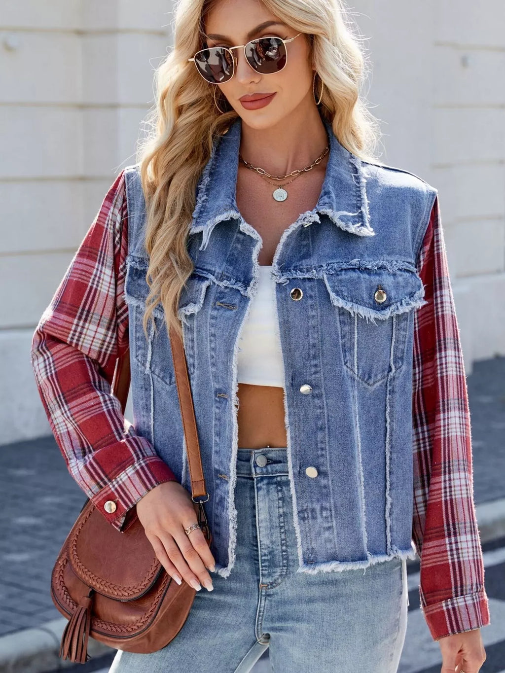 Raw Hem Plaid Sleeve Denim Jacket