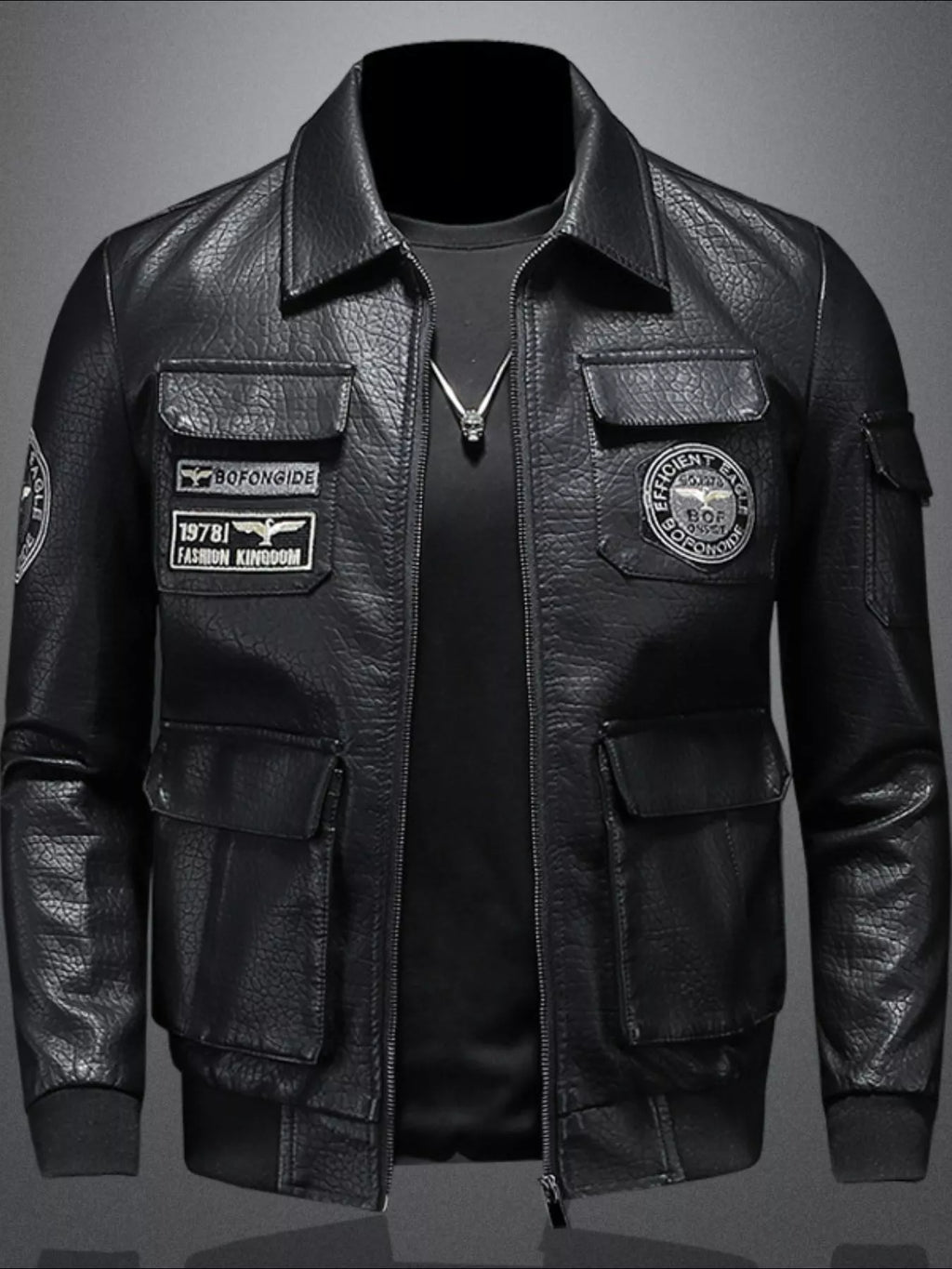 Men's Plus Size Zip Up Leather Bomber Jacket