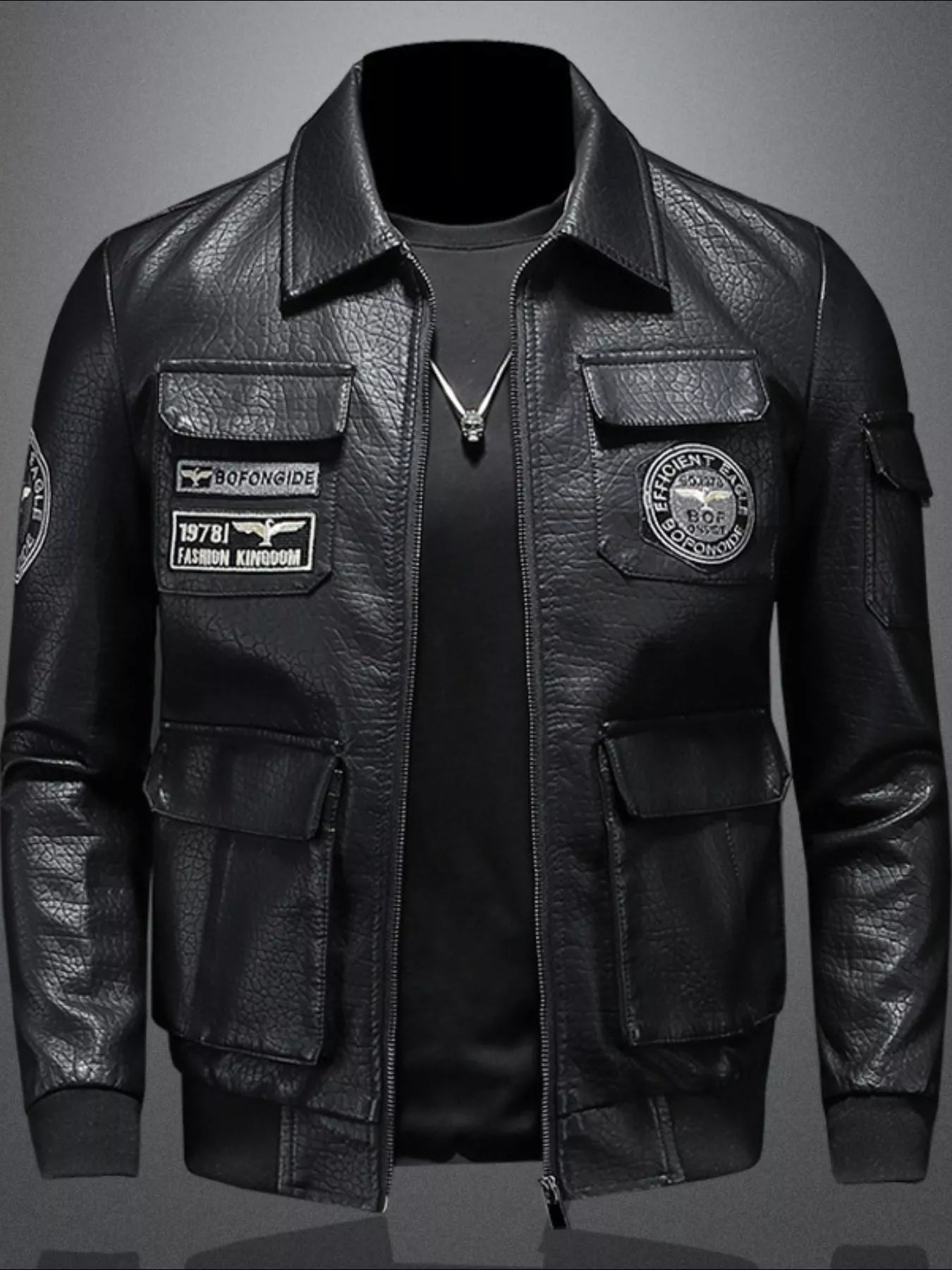 Men's Plus Size Zip Up Leather Bomber Jacket