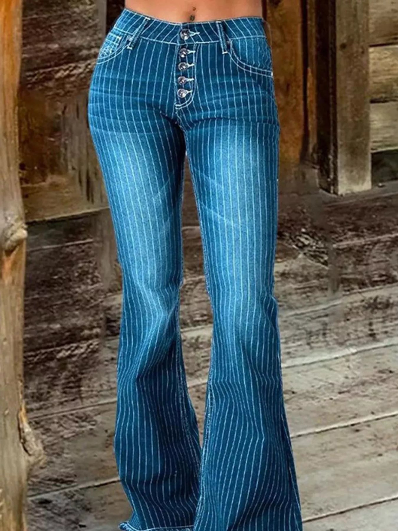 Striped Button Fly Flare Jeans