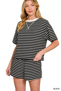 Zenana Striped Round Neck Tee & Shorts Set
