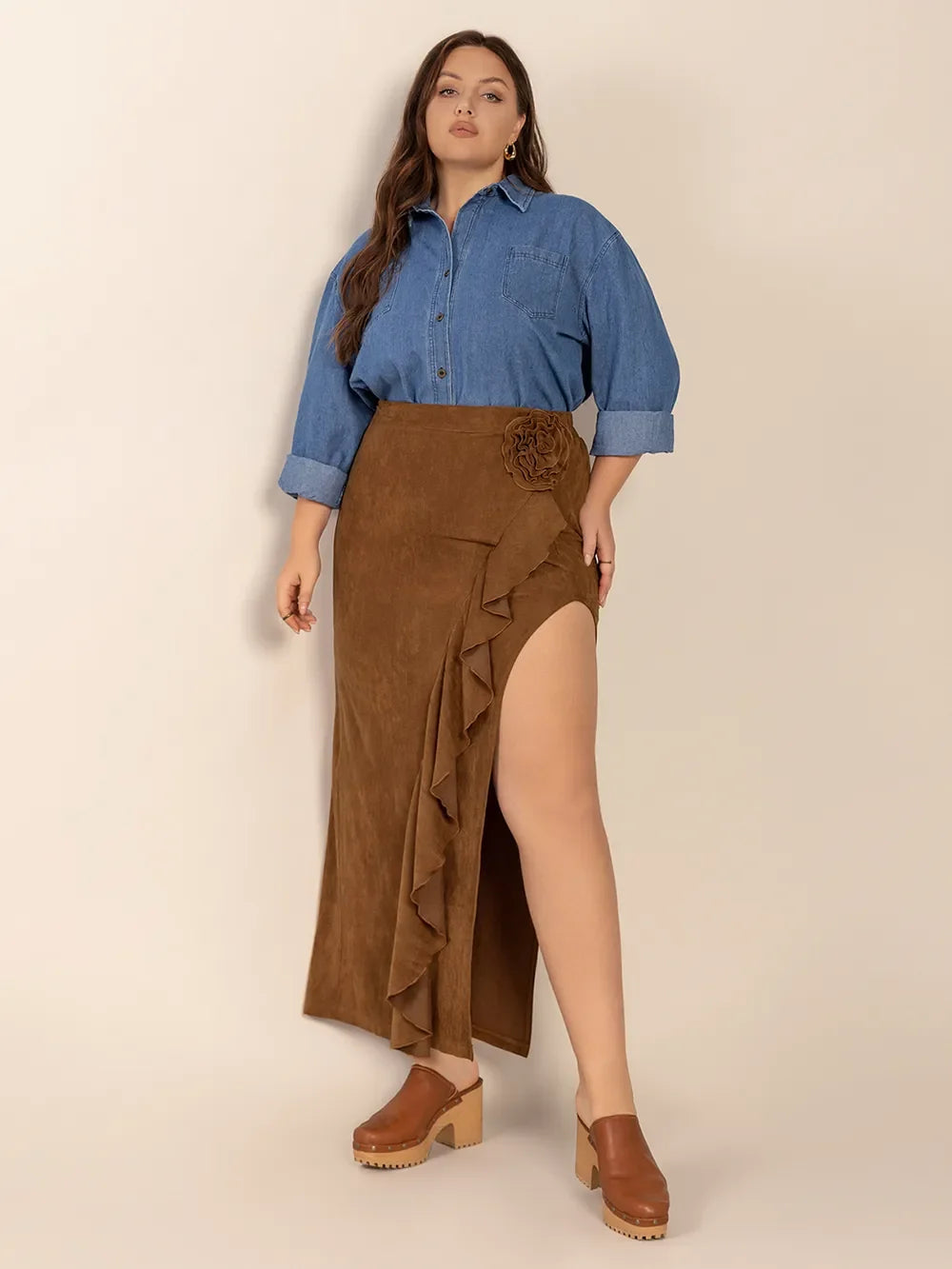 Plus Size Ruffled Slit High Rise Skirt