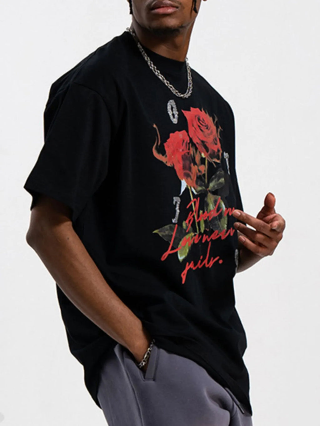 Men's  Rose Graphic T-Shirt with Vintage Script Design