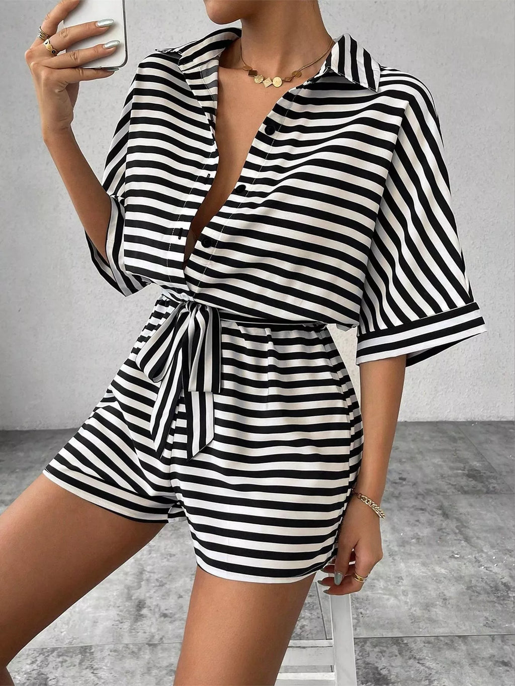 Striped Button-Up Belted Romper