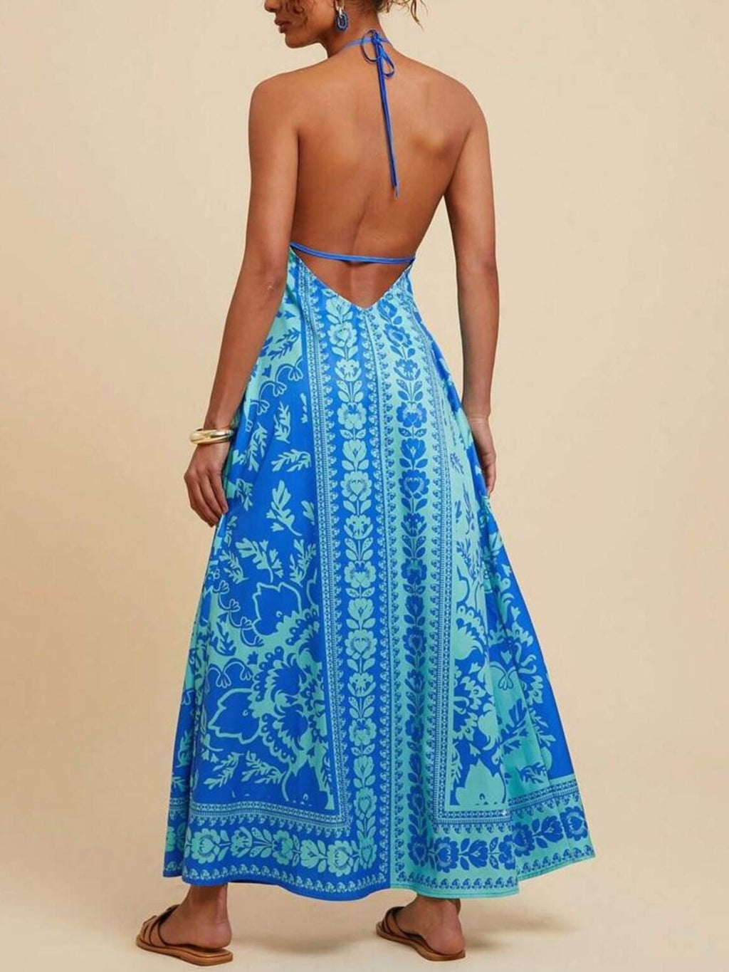 Bohemian Floral Print Halter Maxi Dress