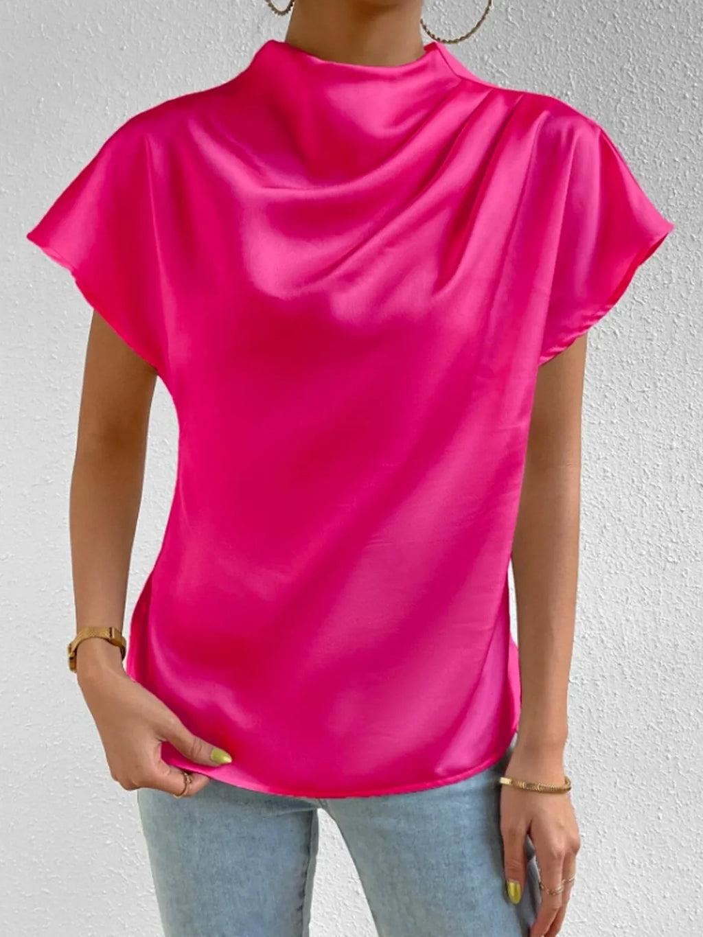 Mock Neck Short Sleeve Blouse