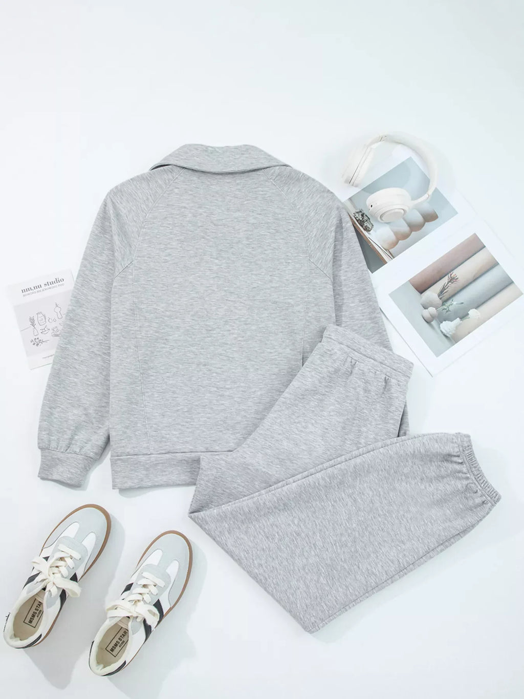 Zip Collar Long Sleeve Top and Drawstring Pants Set