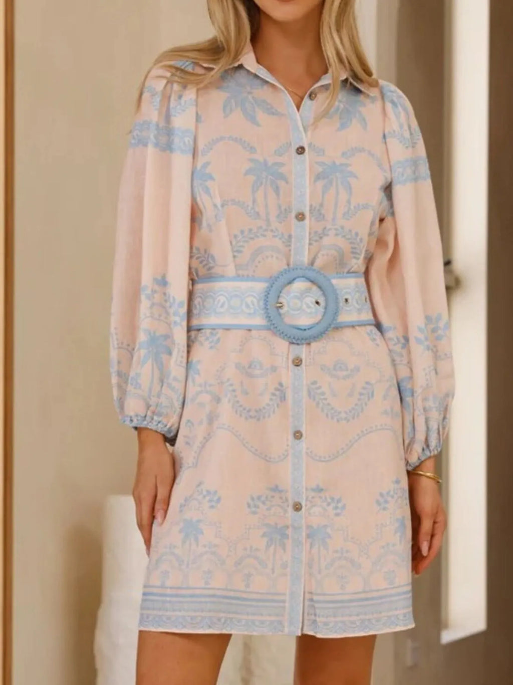 Printed Button Down Shirt Dress with Belt