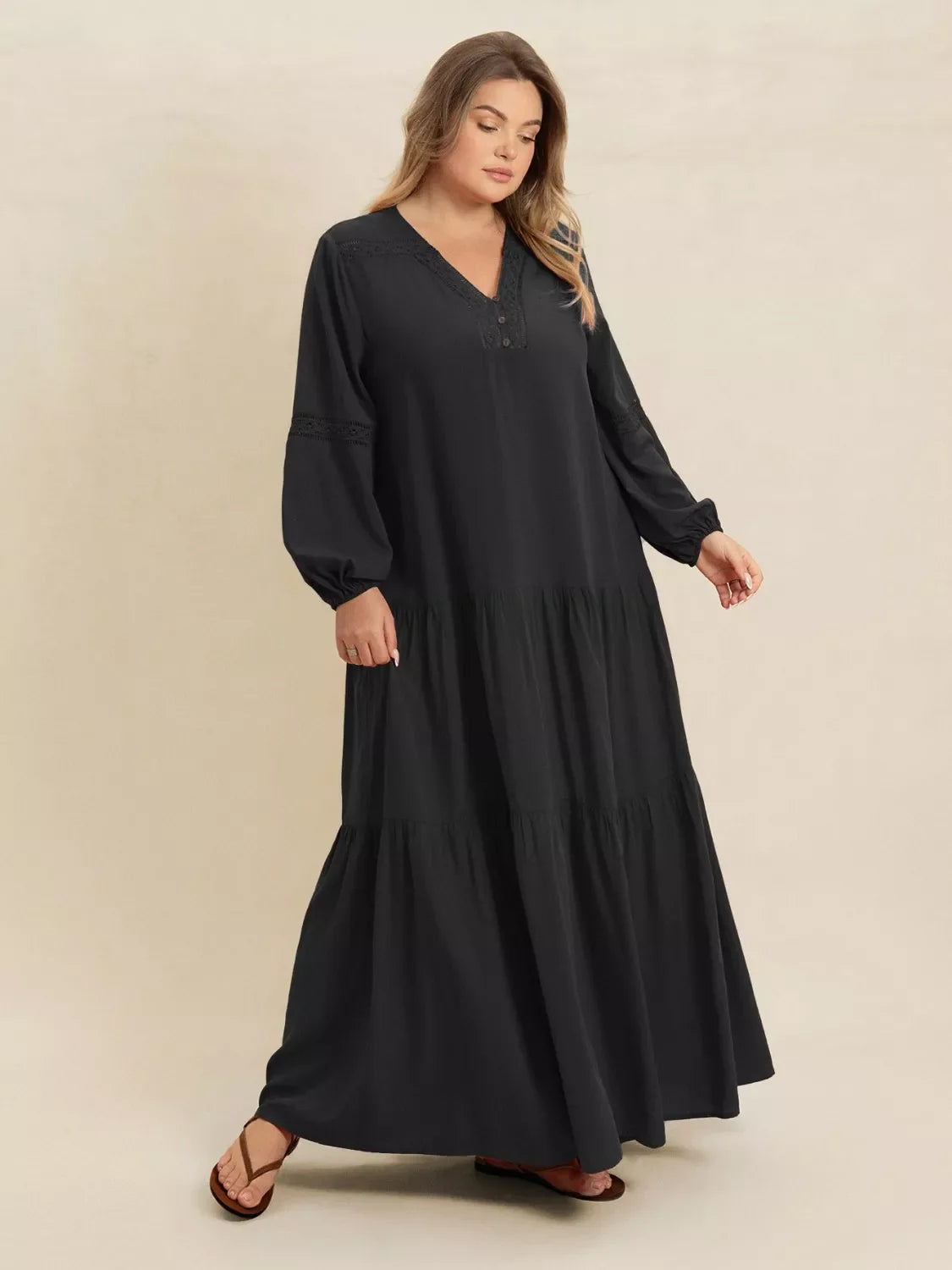 Plus Size Bohemian Tiered Maxi Dress with Balloon Sleeves