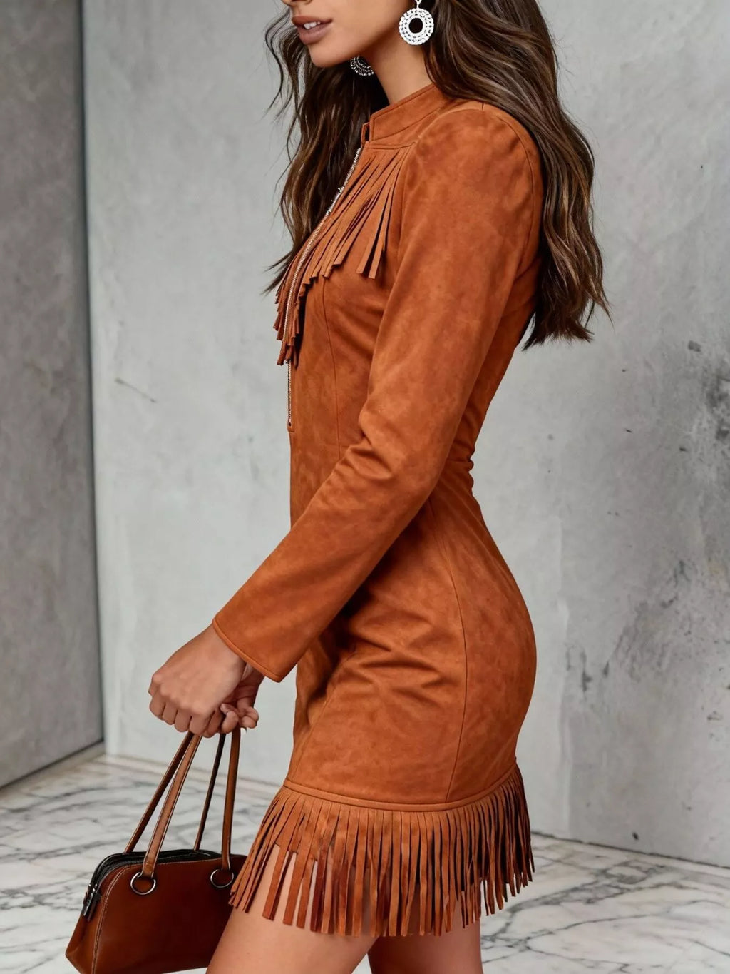 Fringe Trim Zip Front Suede Dress