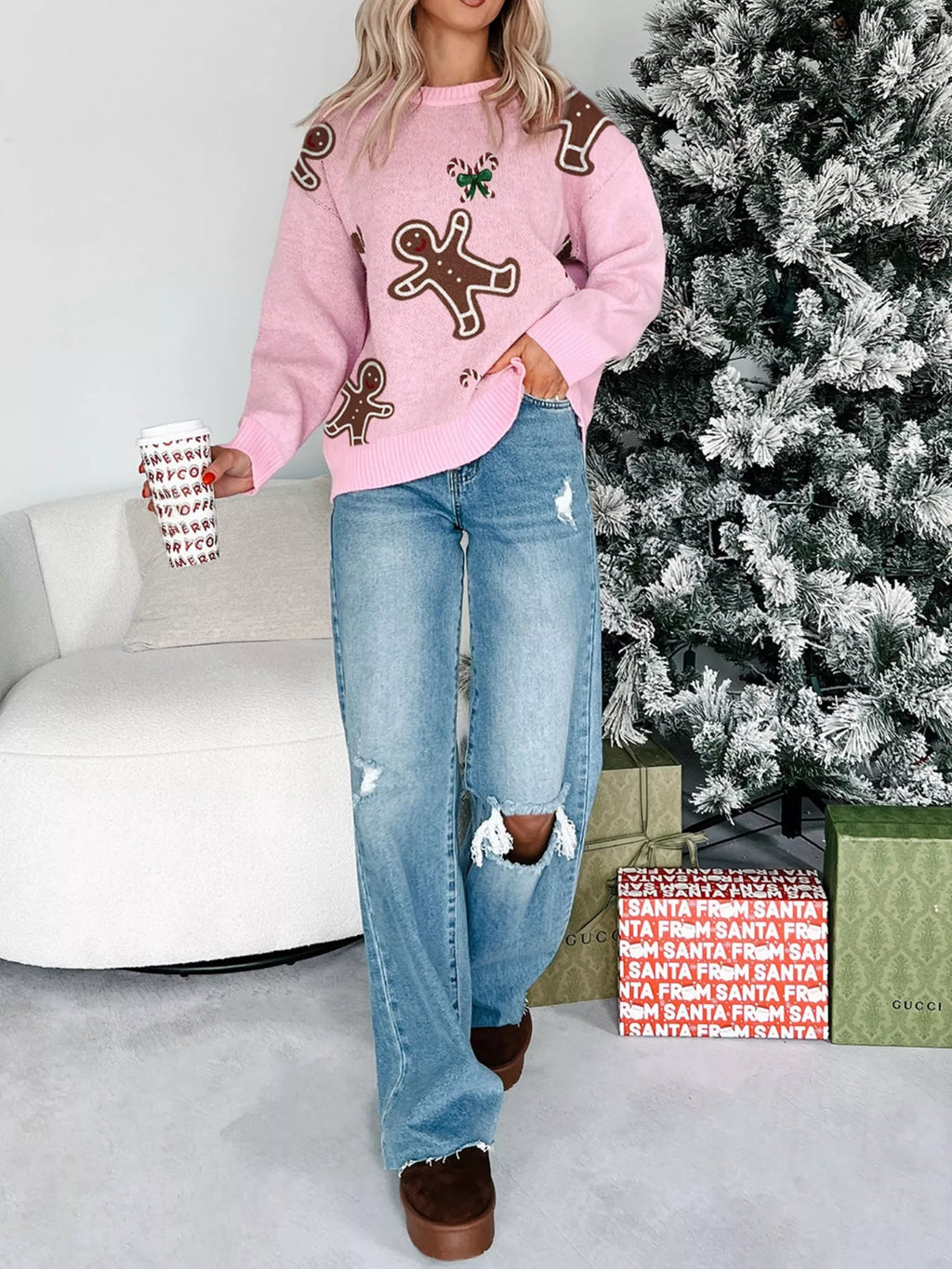 Christmas Ginger Bread Man Round Neck Casual Sweater