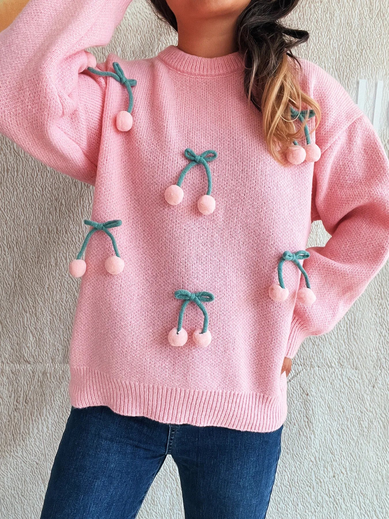 Cherry Round Neck Long Sleeve Sweater