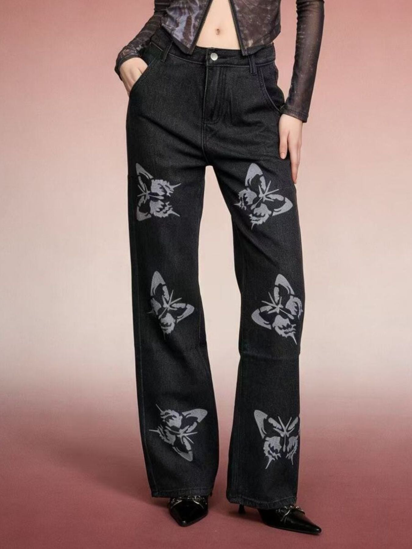 Butterfly Print High-Waisted Wide Leg Jeans