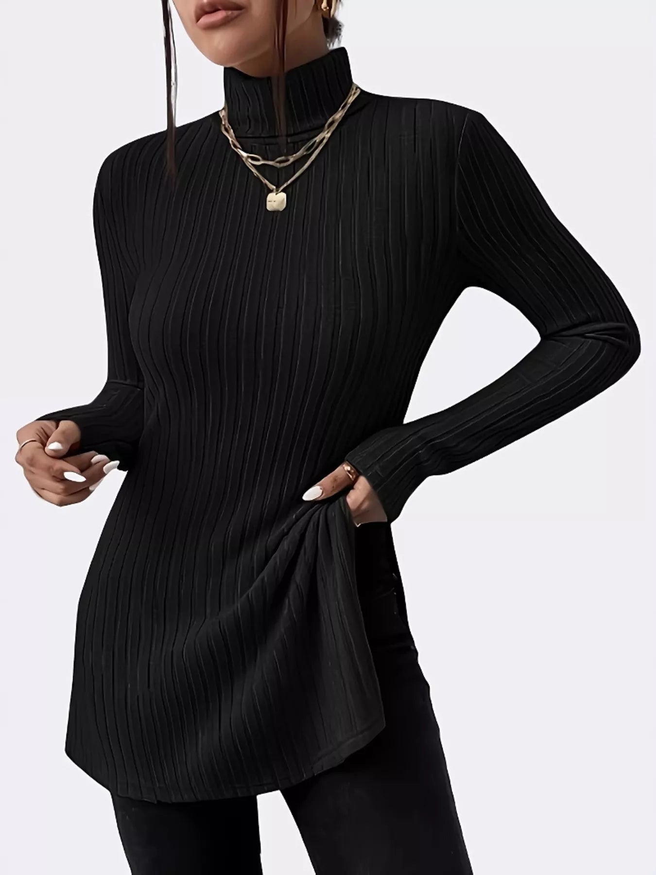 Plus Size Slit Ribbed Turtleneck Long Sleeve T-Shirt